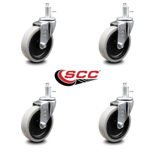 4 Inch Thermoplastic Rubber Wheel 5/16 Inch Threaded Stem Caster SCC, 4PK